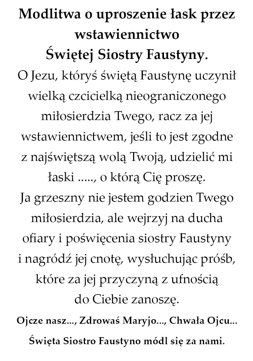 Obrazek z modlitwą do Św. Siostry Faustyny