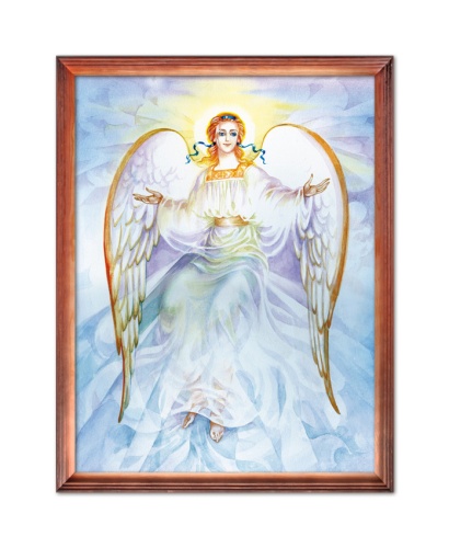 Rysunek religijny dla dzieci Anioł Stróż w drewnianej ramie