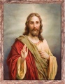Obraz religijny Jezus Chrystus błogosławiący w ramie brązowej z przetarciami