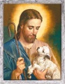 Obraz religijny Jezus Chrystus Dobry Pasterz w ramie szarej z przetarciami