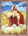 Obraz religijny Jezus Chrystus Dobry Pasterz z barankami w ramie brązowej z przetarciami