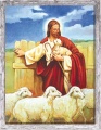Obraz religijny Jezus Chrystus Dobry Pasterz z barankami w ramie szarej z przetarciami