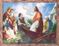 Obraz religijny Jezus Chrystus nauczający z łodzi w ramie brązowej z przetarciami