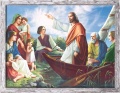 Obraz religijny Jezus Chrystus nauczający z łodzi w ramie szarej z przetarciami