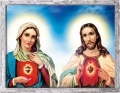 Obraz święty Serce Maryi i Serce Jezusa w ramie szarej z przetarciami