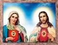 Obraz święty Serce Maryi i Serce Jezusa w ramie brązowej z przetarciami