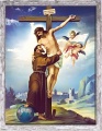 Rysunek religijny Jezus Chrystus i Święty Franciszek z Asyżu, ukrzyżowanie Jezus na krzyżu w ramie szarej z przetarciami