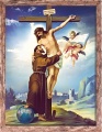 Rysunek religijny Jezus Chrystus i Święty Franciszek z Asyżu, ukrzyżowanie Jezus na krzyżu w ramie brązowej z przetarciami