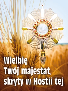 Baner na Boże Ciało "Wielbię Twój majestat skryty w Hostii tej" 75x100cm