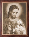 Obraz religijny Jezus Chrystus Dobry Pasterz w ramie drewnianej ze złotym paskiem