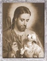 Obraz religijny Jezus Chrystus Dobry Pasterz w ramie szarej z przetarciami