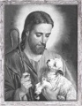 Obraz religijny Jezus Chrystus Dobry Pasterz w ramie szarej z przetarciami