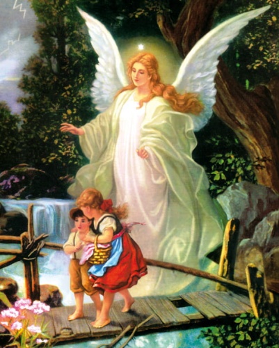 Plakat religijny Anioł Stróż z dziećmi