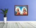 Obraz religijny na płótnie Serce Maryi i Serce Jezusa w drewnianej ramie ze złotym paskiem