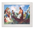 Obraz religijny Jezus Chrystus nauczający z łodzi w ramie białej