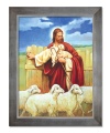 Obraz religijny Jezus Chrystus Dobry Pasterz z barankami w ramie srebrnej