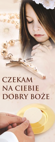 Baner na I Komunię Świętą " Czekam na Ciebie..." beżowy z dziewczynką