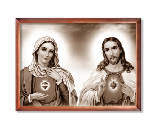 Obraz święty Serce Maryi i Serce Jezusa w ramie drewnianej