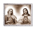 Obraz święty Serce Maryi i Serce Jezusa w ramie szarej z przetarciami