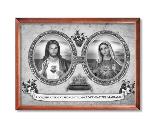 Obraz święty Serce Maryi i Serce Jezusa w ramie drewnianej
