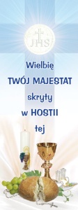 Baner na I Komunię Świętą "Wielbię Twój majestat skryty w Hostii tej" 75x200cm 