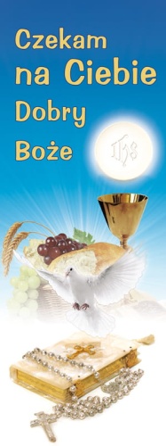 Baner na I Komunię Świętą "Czekam na Ciebie Dobry Boże" 75x200 cm