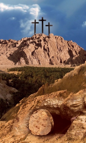 Tło do Grobu Pańskiego, trzy Krzyże na górze Golgota 150x250cm