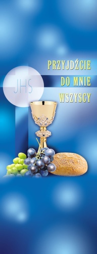 Baner na Boże Ciało "przyjdźcie do mnie" niebieski 50x130