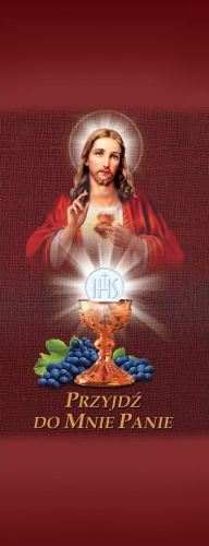Baner na Boże Ciało "Przyjdź do.." czerwony 50x130 cm