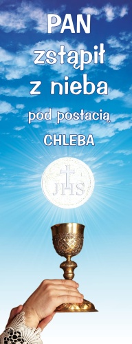 Baner na Boże Ciało "PAN zstąpił.." błękitny 50x130 cm