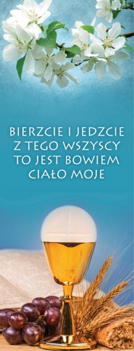 Baner na Boże Ciało, "Bierzcie i Jedzcie..." niebieski 50x130 cm