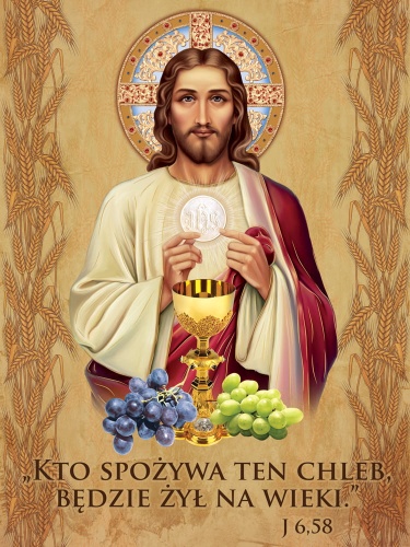 Baner na Pierwszą Komunię Świętą "Kto spożywa ten chleb" 75x100 cm