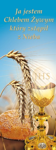 Baner na Boże Ciało "Ja jestem.." błękitny 100x265cm