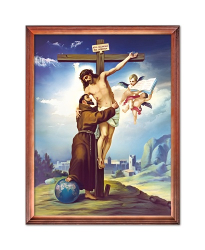 Rysunek religijny Jezus Chrystus i Święty Franciszek z Asyżu, ukrzyżowanie Jezus na krzyżu w drewnianej ramie