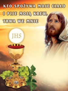 Baner na Boże Ciało, "Kto spożywa moje ciało i pije moją krew, trwa we mnie " 75x100 cm 