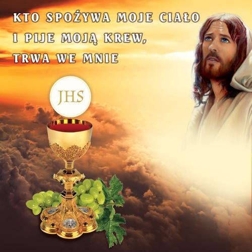 Baner na Boże Ciało, "Kto spożywa moje ciało i pije moją krew, trwa we mnie " 150x150 cm