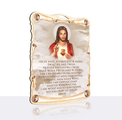 Obrazek na desce - Serce Jezusa, modlitwa Ojcze Nasz