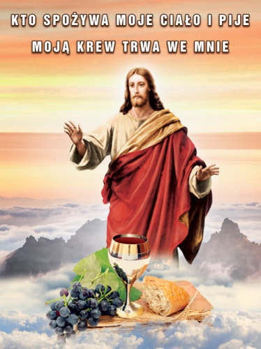 Baner na Boże Ciało, "Kto spożywa moje ciało i pije moją krew,trwa we mnie " 75x100 cm