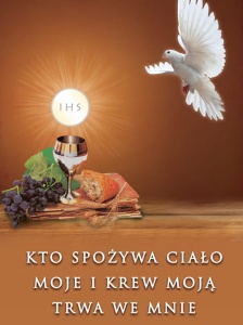 Baner na Boże Ciało, "Kto spożywa moje ciało i pije moją krew,trwa we mnie " 75x100 cm