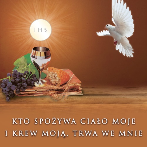 Baner na Boże Ciało "Kto ten chleb spożywa, będzie żył na wieki" 150x150 cm