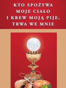 Baner na Boże Ciało, "Kto spożywa moje ciało i pije moją krew,trwa we mnie " 75x100 cm
