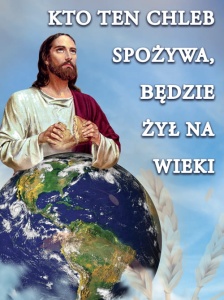 Baner na Boże Ciało, "Kto ten chleb spożywa, będzie żył na wieki" 75x100 cm 