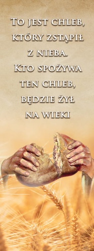Baner na Boże Ciało "To jest chleb który zstąpił z nieba" 75x200 cm