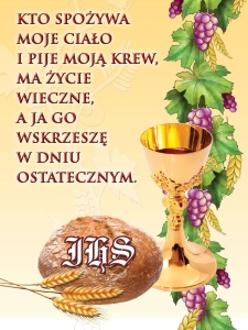 Baner na Boże Ciało "Kto spożywa moje ciało i pije moją krew, ma życie wieczne" 75x100 cm