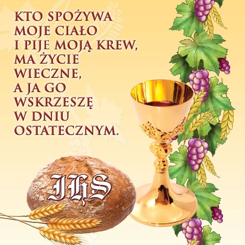 Baner na Boże Ciało "Kto spożywa moje ciało i pije moją krew, ma życie wieczne" 150x150 cm