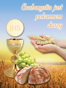 Baner na Boże Ciało "Eucharystia jest pokarmem duszy" 75x100 cm