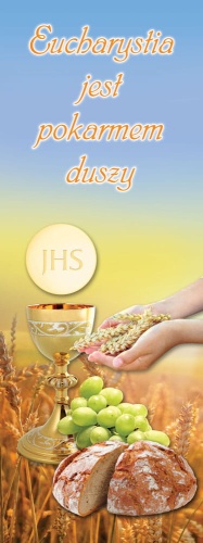 Baner na Boże Ciało "Eucharystia jest pokarmem duszy" 75x200 cm