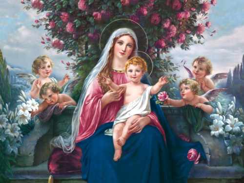 Plakat Religijny wzór 078. Matka Boska z Dzieciątkiem i aniołkami.