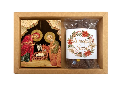 Zestaw upominkowy na Boże Narodzenie, ikona i słodycze - czekoladowe serduszka z żurawiną/ z cukierkami