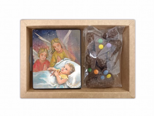 Zestaw upominkowy na Chrzest, ikona Anioł Stróż ze słodyczami - serduszka w czekoladzie z cukierkami